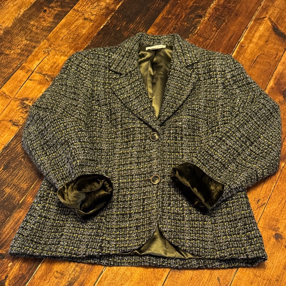 Coldwater Creek Black and Green Tweed Velvet and Satin Blazer size 10